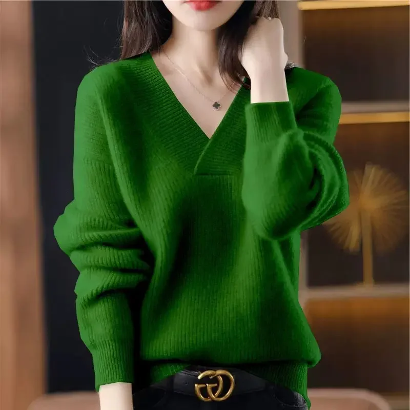 2023 Autumn Winter New Simplicity Simplicity V-neck Knitting Pullovers Women\'s Casual Loose Thick Long Sleeve Sweater Ladies