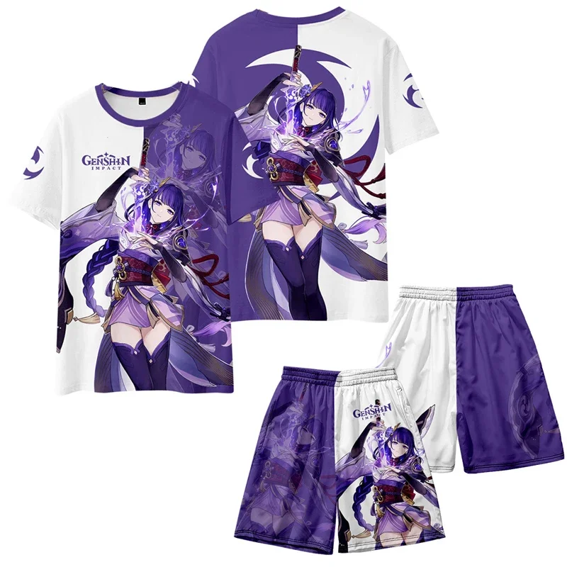 Genshin Impact Beelzebu Cosplay, Tops de manga curta, camiseta e shorts, terno Raiden Ei Shogun, agasalho casual, streetwear