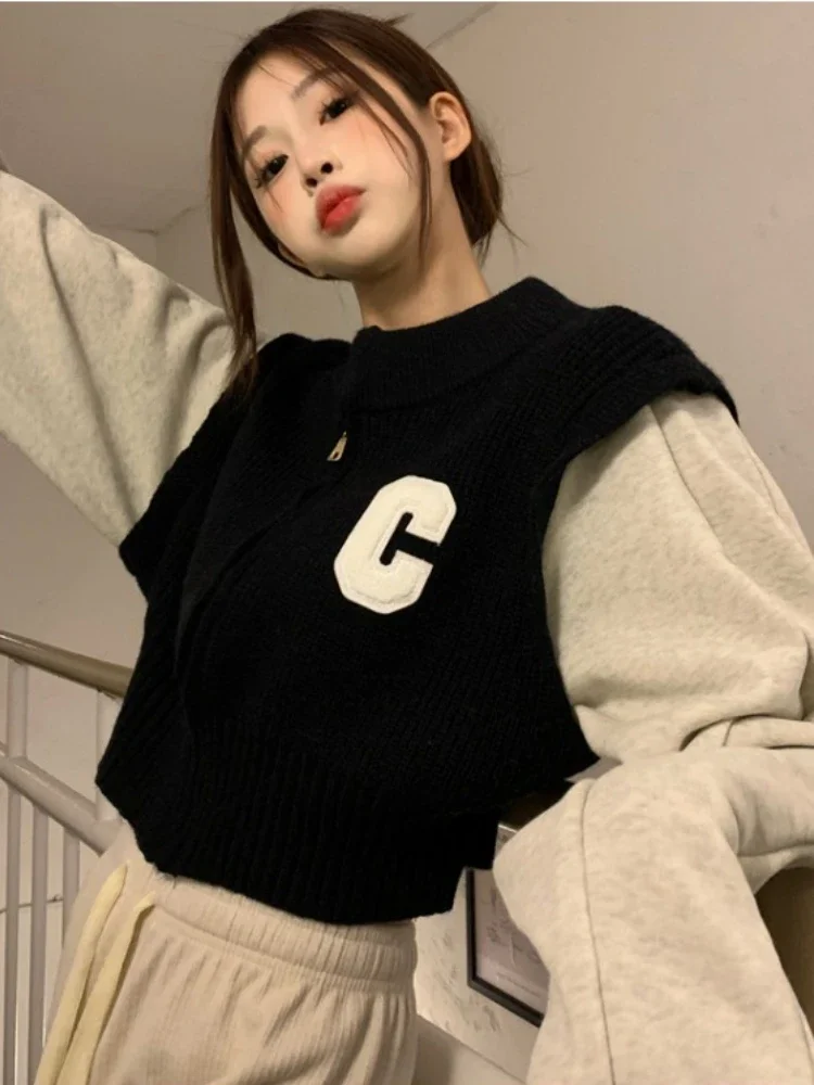 

Patchwork Contrast Color Fake Two Pieces Jackets Vintage Casual Y2k Zipper Cropped Coats Korean Loose Knitted Cardigans Women