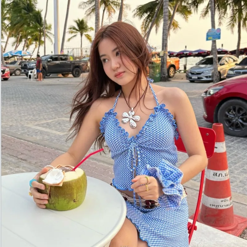 Maiô Vintage Tailandês com Estampa Xadrez, Conjunto de Duas Peças com Saia, Novo 2026, Sexy, Controle de Barriga, Bodycon, Estilo Garota Picante, Maiô de Praia para Adolescentes