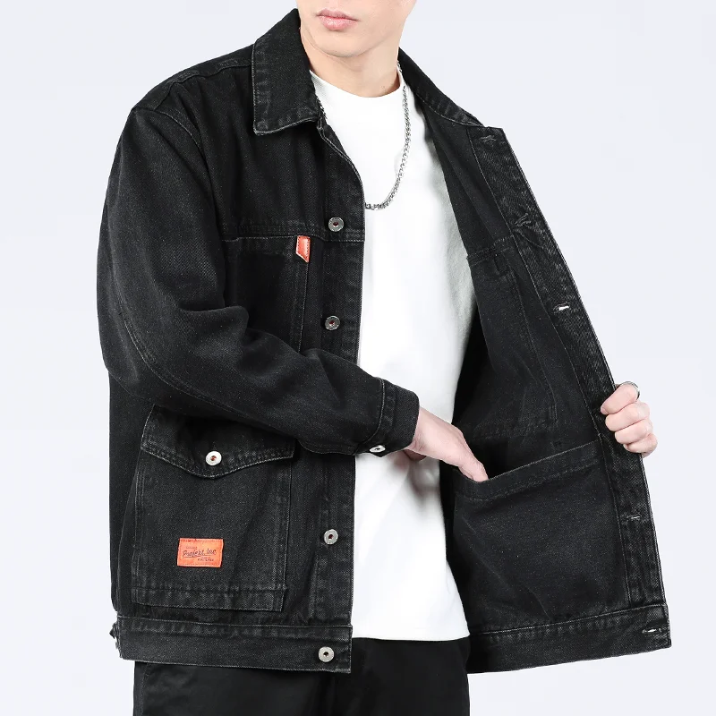 Wear-Resistant Casual Denim Jacket for Men with Multiple Pockets Loose Fit Turn-down Collar Workwear Dirt-resistant Outerwear