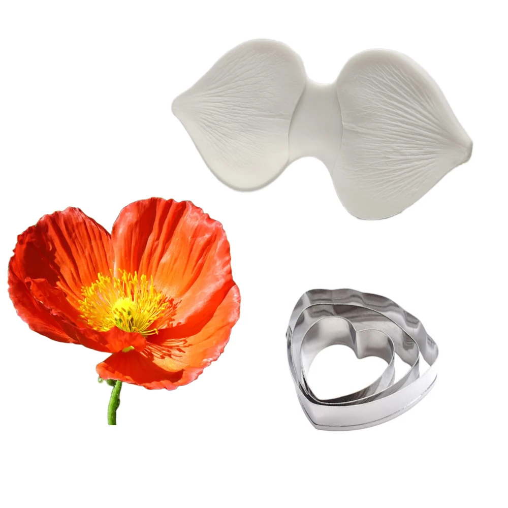 4PCS Poppy Flower Petal Veiners &Cutters Silicone Molds Chocolate Sugar Paper Clay силіконова форм Cake Decorating Tools