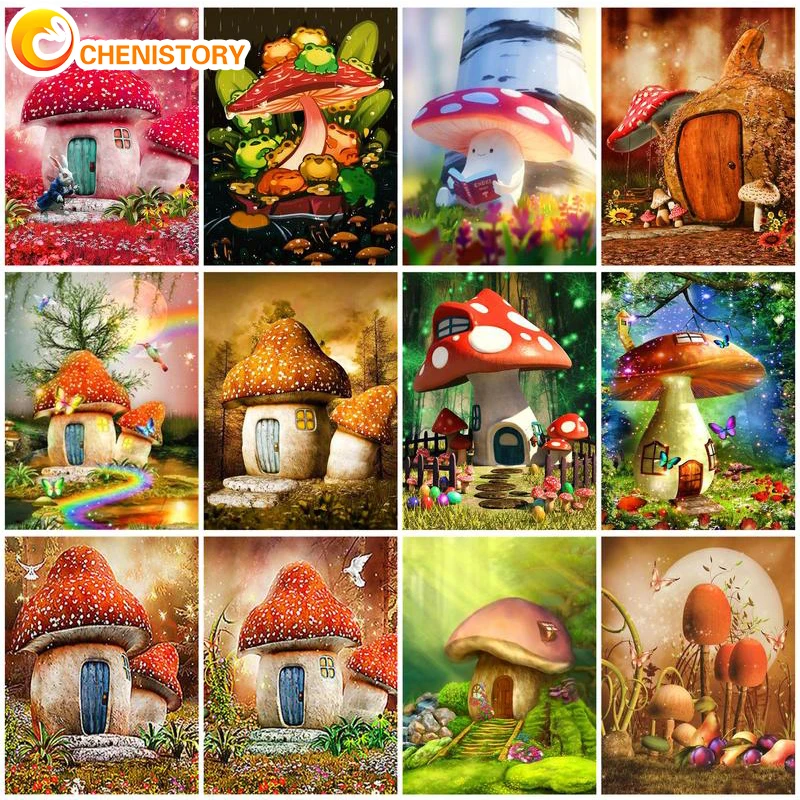 

CHENISTORY Oil Painting By Numbers Kits DIY Pictures By Numbers On Canvas Mushroom World Landscape HandPainting Home Decor