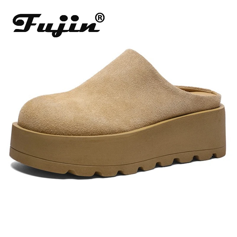 

Fujin 5 см модные сандалии из коровьей замши из натуральной кожи, тапочки, туфли-лодочки, женская летняя женская обувь на танкетке с круглым носком