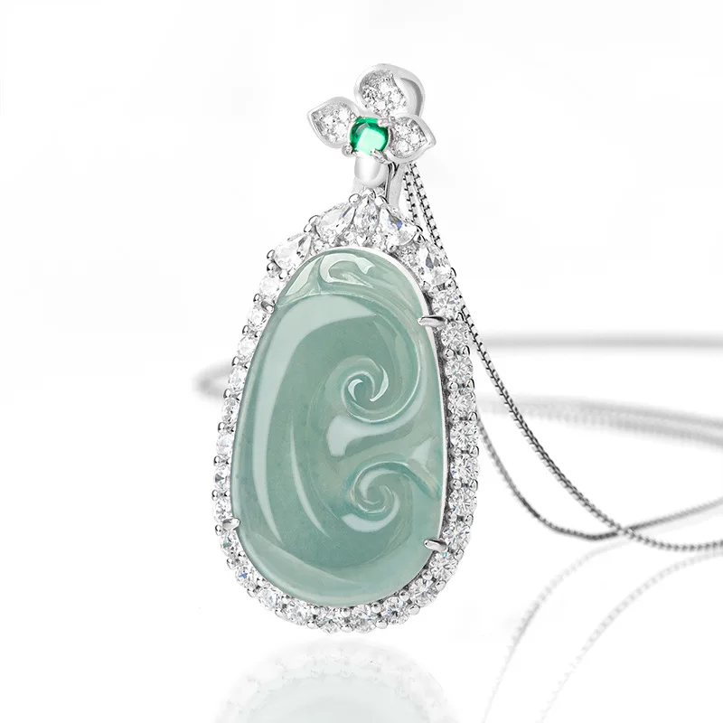 

Luxury Handmade A-Grade Hetian Jade Blue-Green Ruyi PendantS925 Silver Inlaid Icy Jade Necklace for Women Good Fortune JewelrySt
