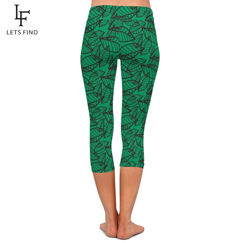 Fashion New Green Leggings Women Leaf Print Summer Capris Leggings High Waist Casual Mid Calf Leggings