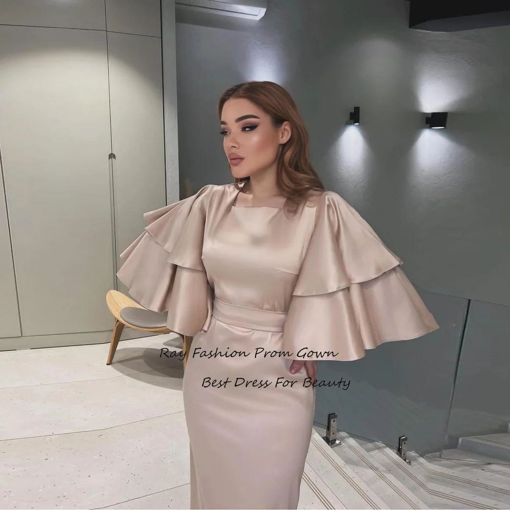 Ray Fashion Simple Mermaid Evening Dress Square Neck Short Tiered Sleeves For Women Formal Occasion Saudi Arabia فساتين سهرة