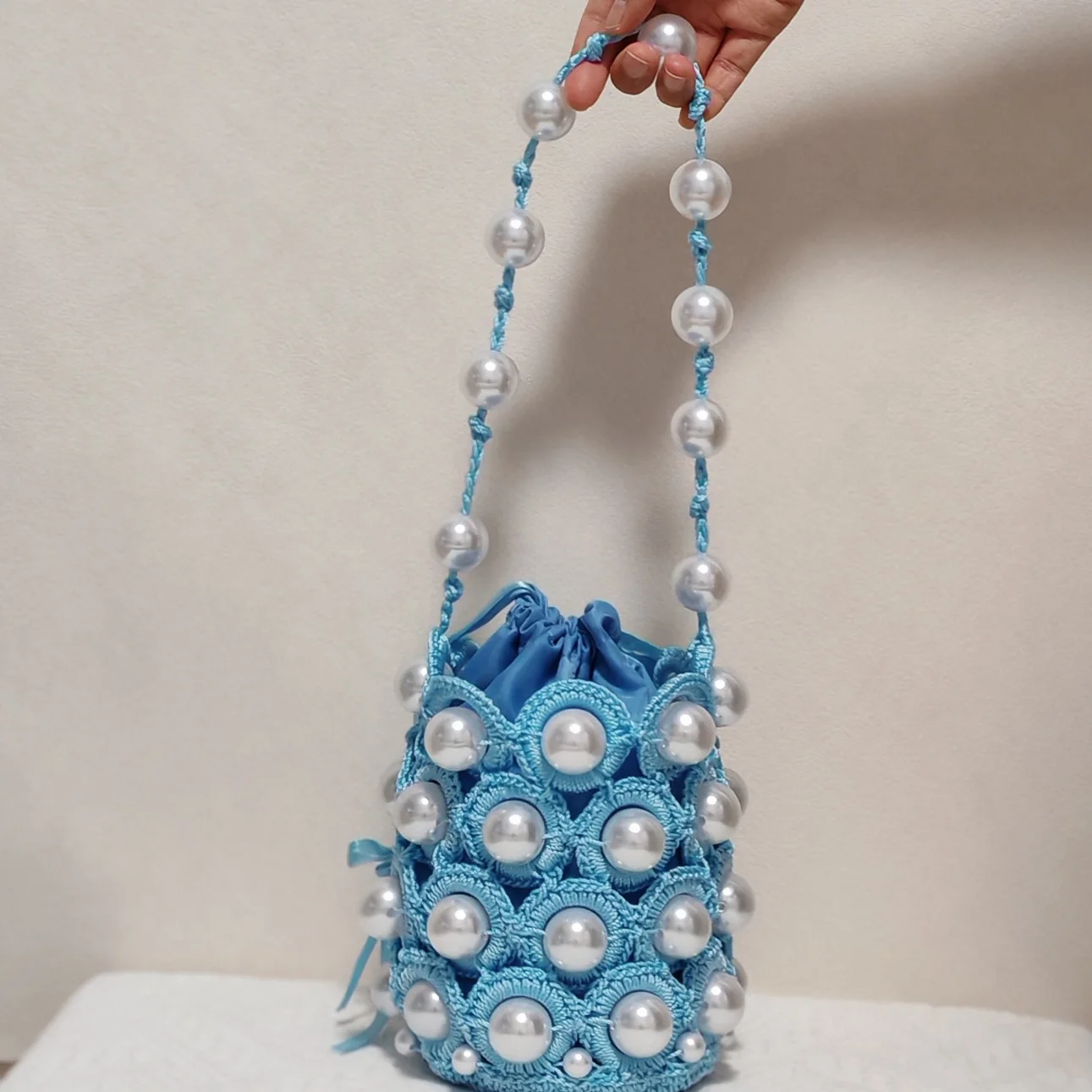 Luxury Handmade Crochet Pearl Bucket Bag for Women – Elegant Beaded Shoulder Bag, Cute Mini Drawstring Purse, Summer Party Eveni image 5