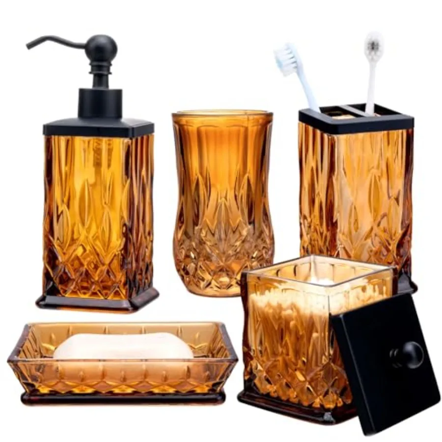 

Baroom cessories Se Pcs Amber GlaBaroom cessory Set Coete Lotion So Dispenser Toobh Holder So Dish Tumbler and Jar Modern Baroo