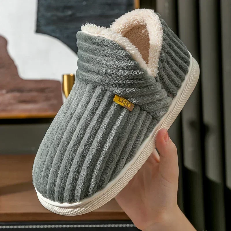 Winter Couple Style Concise Solid Color Wrap Heels Plush Slippers Non-slip Warm Flip Flops Women Men Home Casual Cotton Shoes