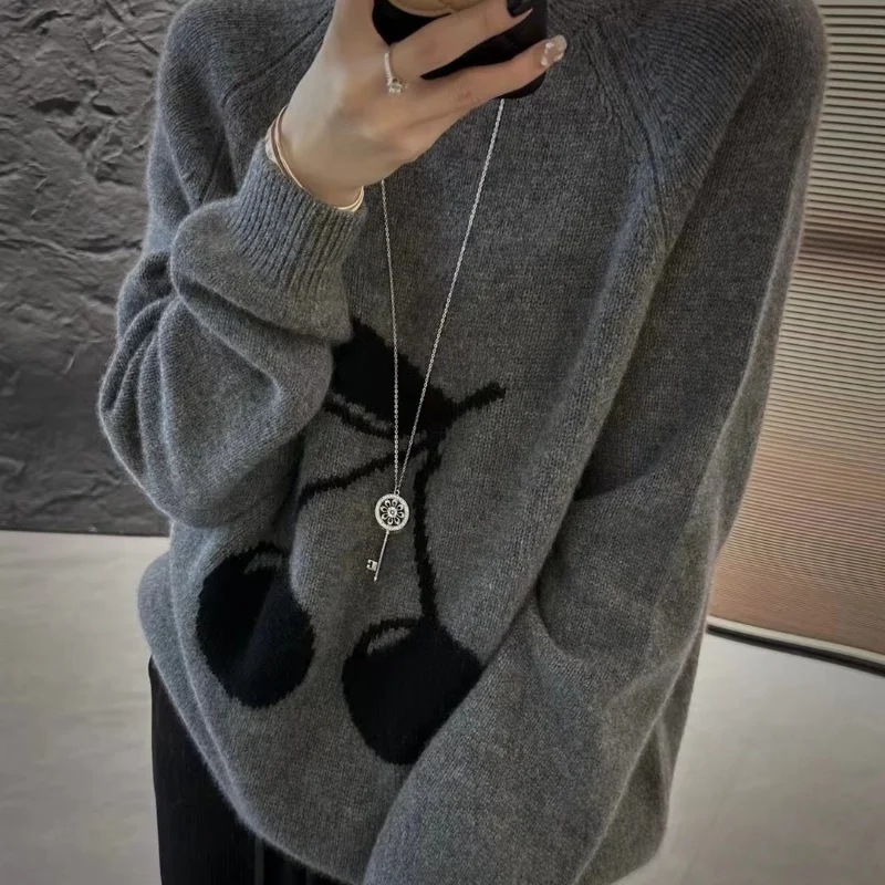 Autumn Winter New Sweater 100% Wool Women\'s Clothing Fashion Embroidery Round Neck Knitted Pullover Casual Loose Korean Tops