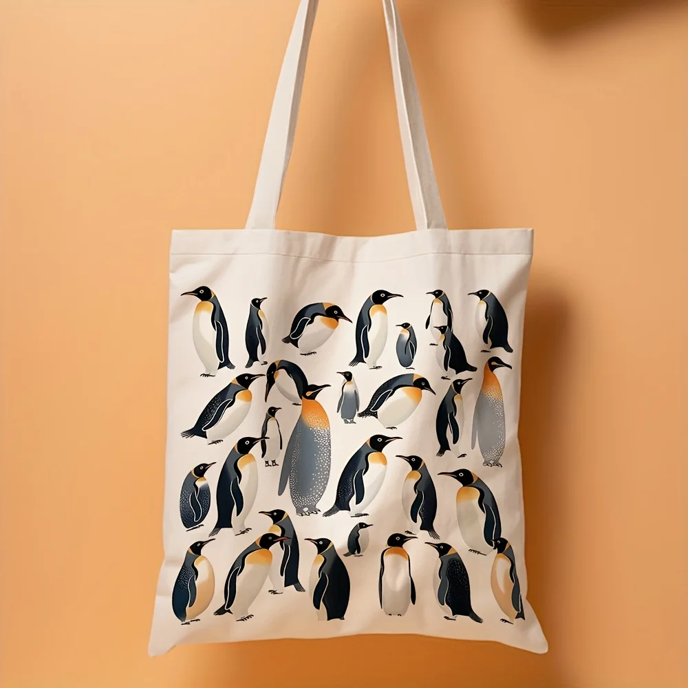 A Penguin Illustration Pattern Print Canvas Tote Bag, Suitable For Daily Use, Shopping, School, And Travel