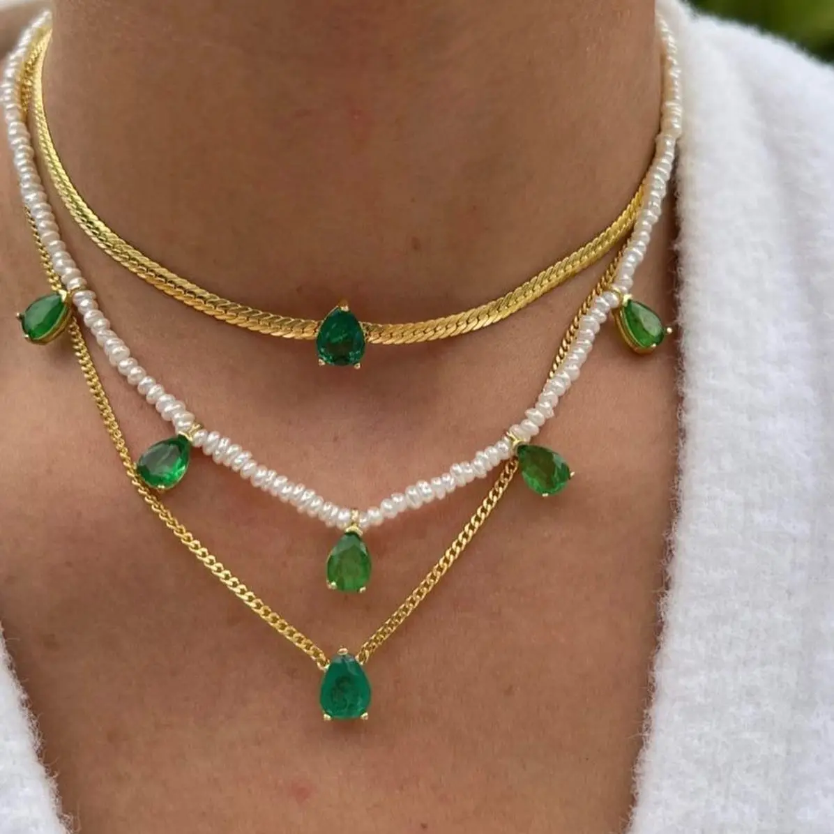 Gold Color 2025 New European Women Jewelry 4MM Cuban Link Chain Green Tear Drop CZ Single Stone Herringbone Chain Necklace