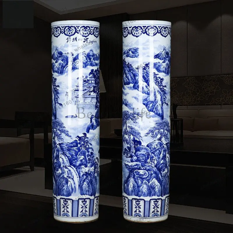 

Jingdezhen ceramic blue and white porcelain hand-painted splendid mountains and rivers landing big quiver hotel big vase