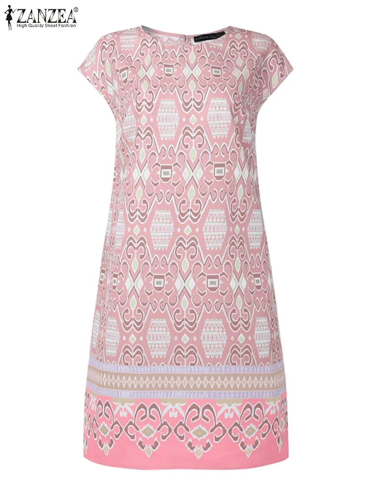 Zanzea boêmio mini vestidos femininos manga curta em torno do pescoço impresso casual solto praia vestido de verão 2025 verão vintage vestidos robe
