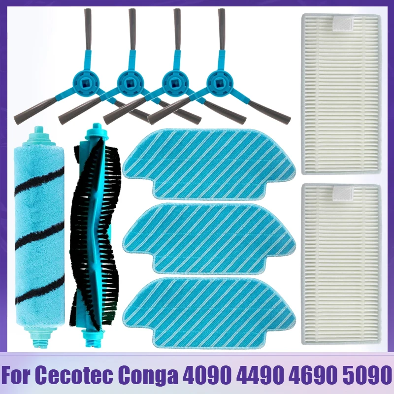 For Cecotec Conga 4090 4490 4690 5090 Robotic Vacuum Cleaner Soft Roller Brush Hepa Filter Mop Cloth Rags Parts Accessories