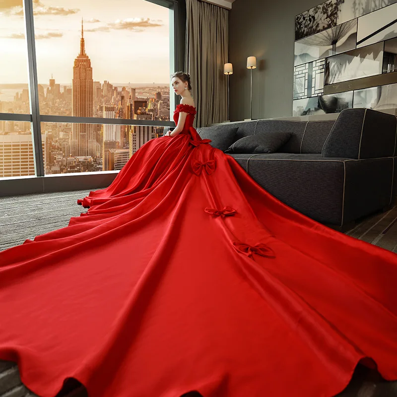 off-Shoulder Red Trailing Wedding Dress Women's Satin Korean Summer New Bridal