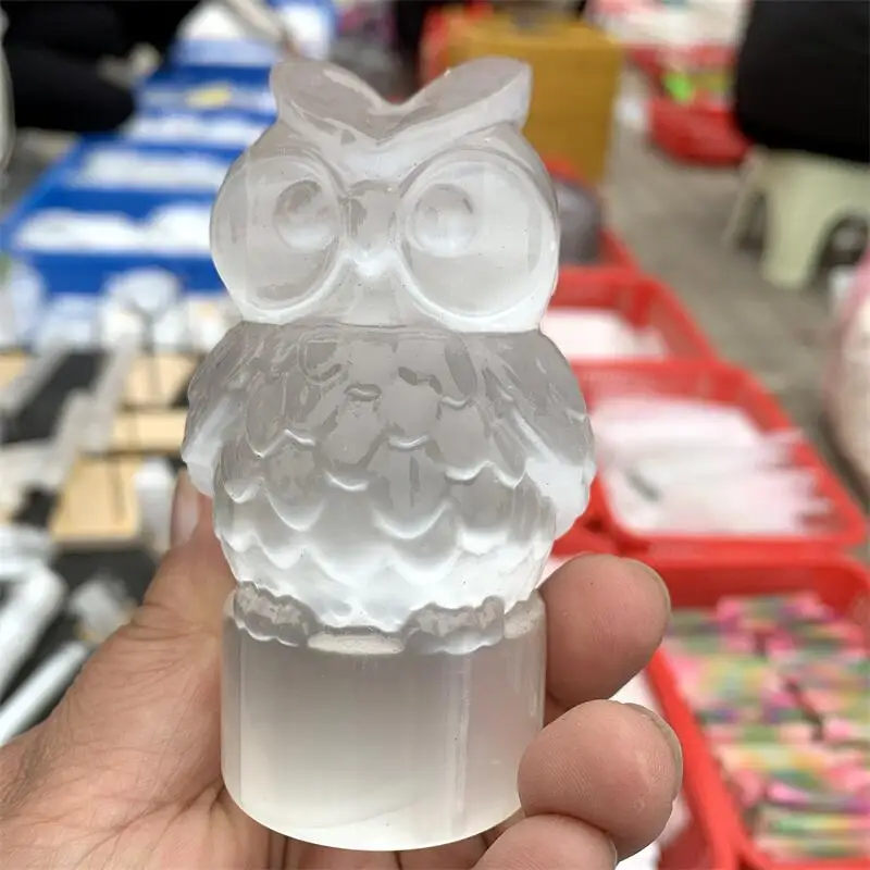 Natural Selenite Owl Carving Crystal Animal Beautiful Gemstone Crafts For Fengshui Home Decoration Collection 1pcs