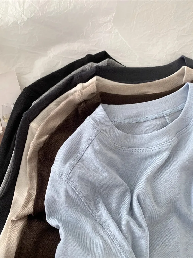 WHTREND أنيقة تنوعا الصوف المرقعة كم طويل محبوك تي شيرت للنساء الربيع رقيقة لينة بلون قاعدة القمصان WH2013 #4