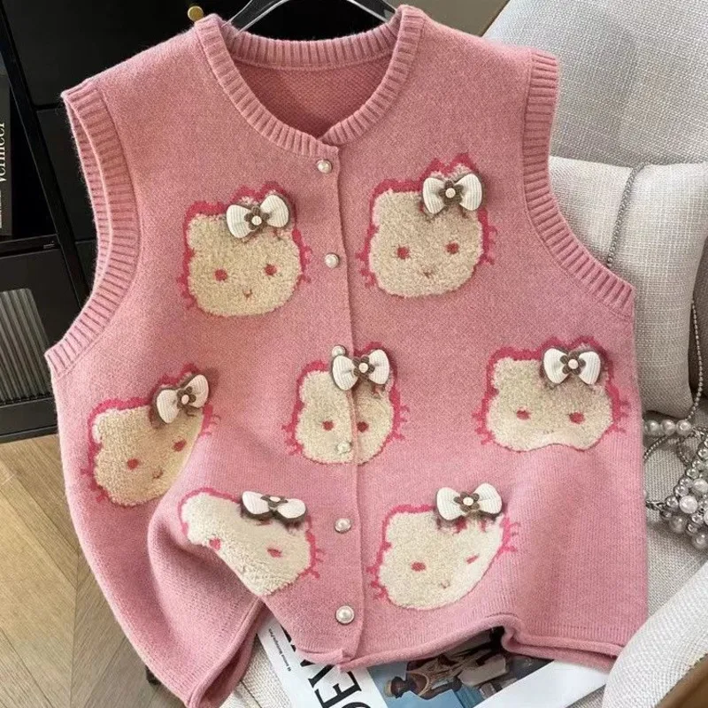 Sanrio Hello Kitty Cute Sweet 3D Bow Design Jacquard Knitted Vest Women Autumn Winter New Trend Loose Sweater Tank Top Cardigan