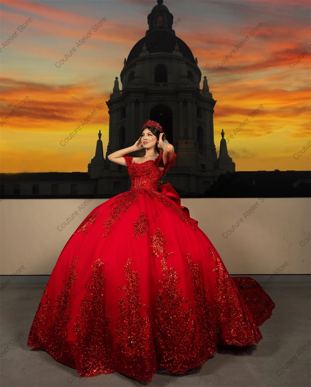 Fancy Red Sequine Appliques Quinceanera Dress Ball Gown Off Shoulder Princess Corset Sweet 15 16 Dress Wedding Gown Customized