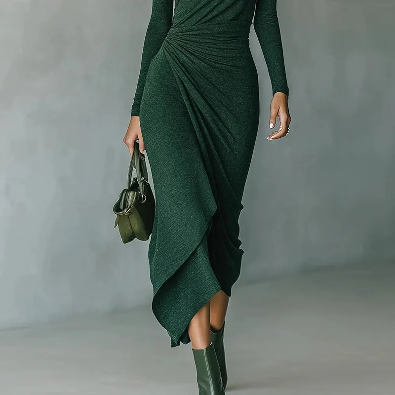 2026 Spring Casual Turtleneck Slim Irregular Dress Woman Elegant Solid Draped Long Dress New Autumn Long Sleeve Femme Boho Dress
