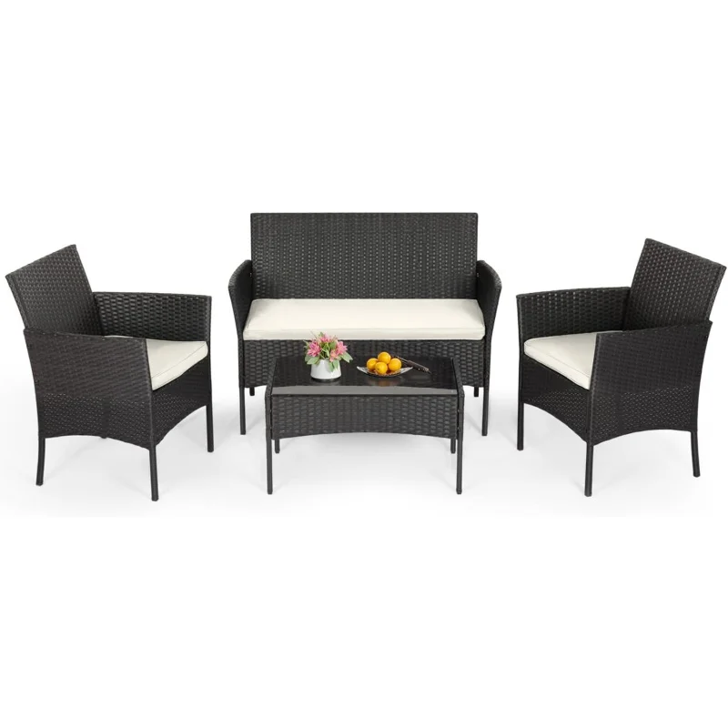 

4-Piece Outdoor Wicker Patio Furniture Set, Modern Rattan Conversation Set with Coffee Table, Weather-Resistant Seating Gard