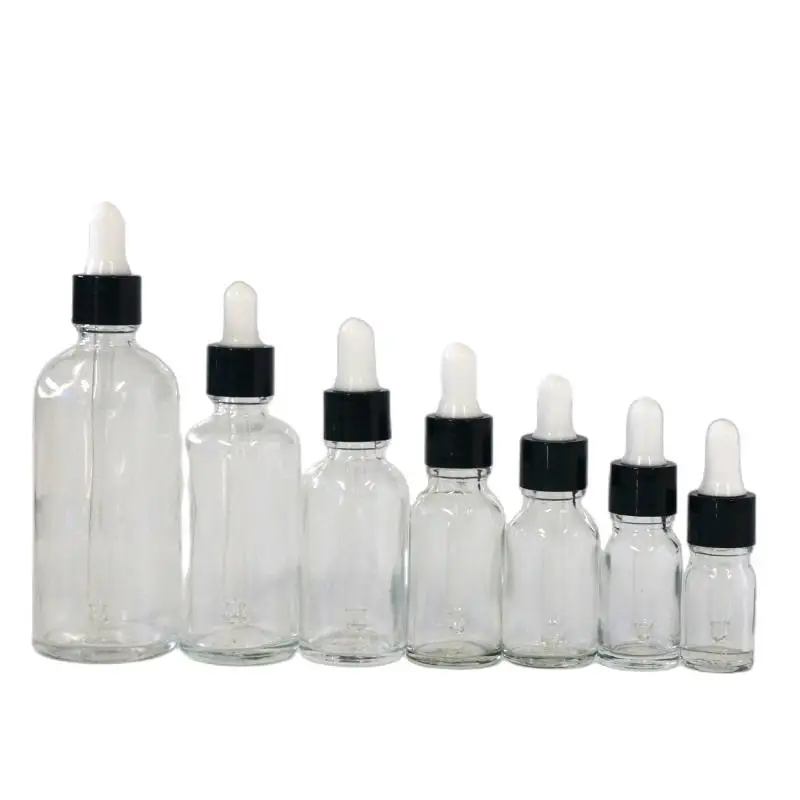 5/10/15/20/30/50/100ml Reusable Clear Essential Oil Bottle with Rubber Head Dropper Cap black plastic cover glass Containers