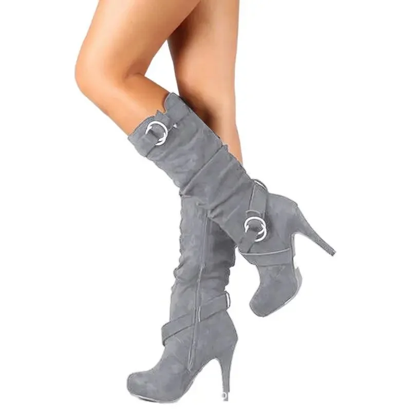 Fashion Womens High-heeled Boots Comfortable Suede Women High Boots New Belt Buckle Large Size Women\'s Boots 6-8cm Zapatos Mujer