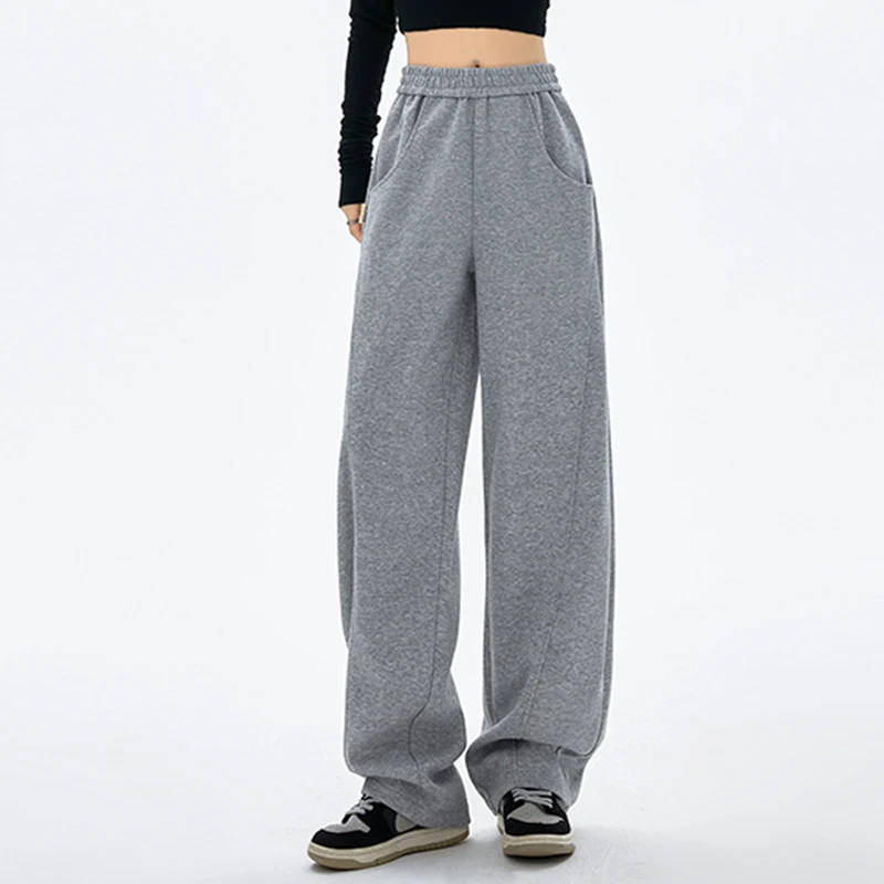السراويل الرياضية الأمريكية مرونة الخصر للنساء الخريف الشتاء فضفاضة عالية الخصر بنطال ذو قصة أرجل واسعة امرأة جيوب الصلبة بنطلون سيدة