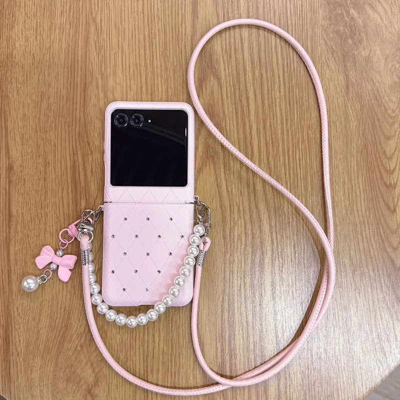 Crossbody Lanyard Chain Rhinestone Leather Case For Samsung Galaxy Z Flip 7 6 5 For Motorola Razr 50 60 Ultra Xiaomi Mix Flip 2