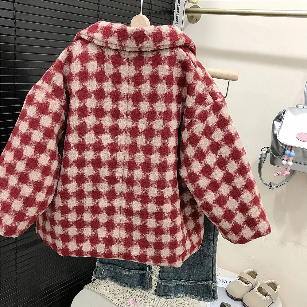 Autumn and winter new girls super foreign temperament tweed plaid medium-length jacket princess tweed coat children