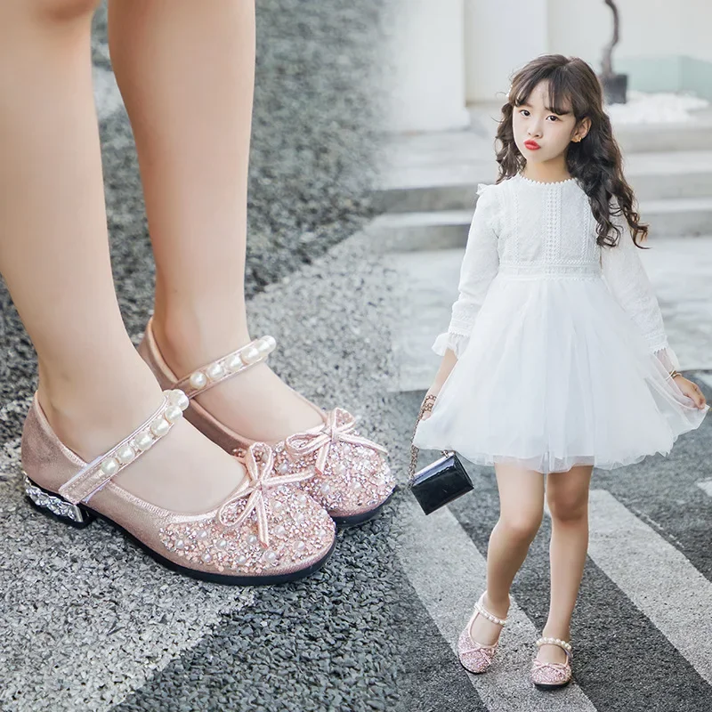 Summer Flats Girls Pearls Mary Jane Shoes Kids Bling Princess Glitter Shoes Children Bowknot Sole Sandals Wedding Dance Shoes