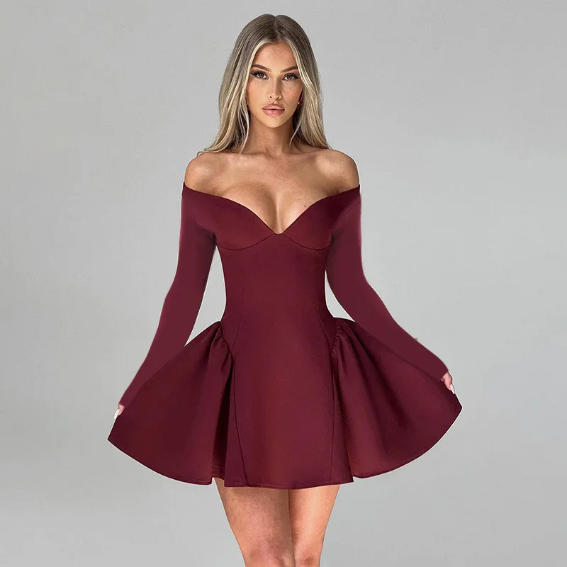 Sexy schulterfreies kurzes rotes Kleid für Damen, schlank, rückenfrei, elegant, langärmelig, kurvige A-Linie, schwarze Mini-Kleider, Geburtstag, Abendparty