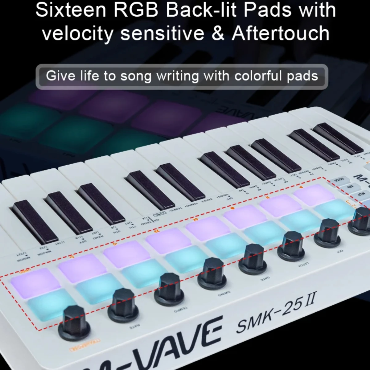 M-VAVE SMK-25 II MIDI Pad Controller Keyboard USB Mini 25 Key,16 RGB Drum Pads,8 Knobs and Music Production,Software Included