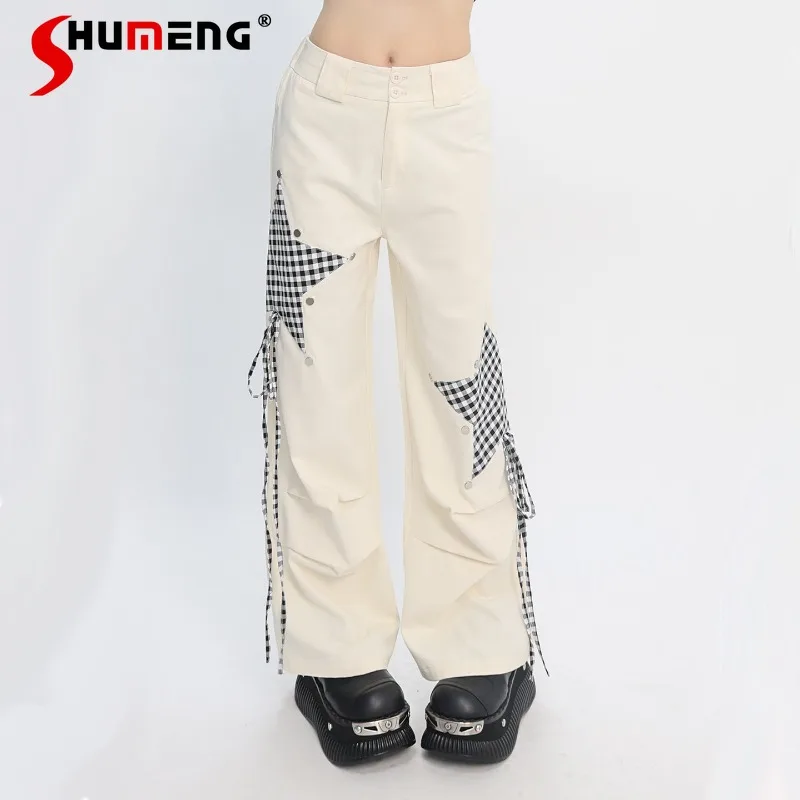 

Streetwear Style Asymmetric Star Rivet Lace-Up Cargo Wide Leg Pants Casual Loose Fit Trousers Ladies Spring 2026 New Y2k Clothes