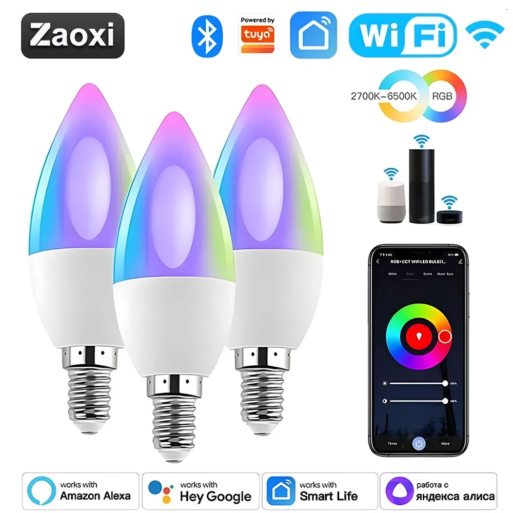 ZAOXI 100-200V Tuya WIFI Smart Light Bulb E14 LED Indoor Lighting Support Google Home Alexa Voice Remote Control RGB Candle Lamp