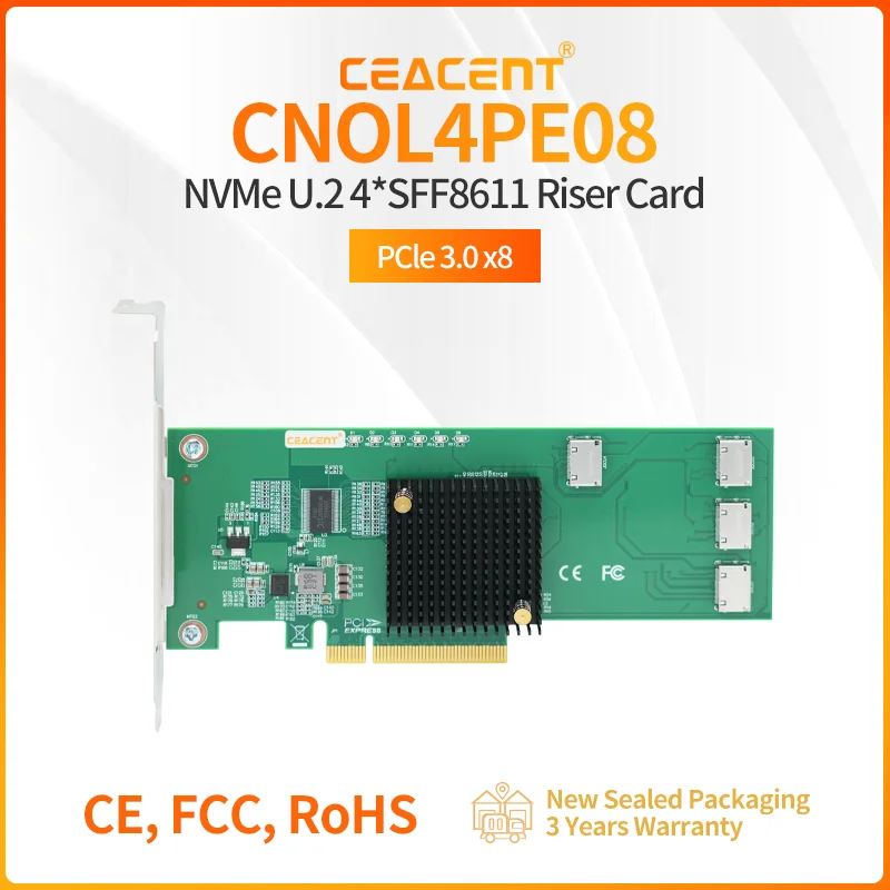 

CEACENT CNOL4PE08 Адаптер NVMe U.2 — PCIe, 4-портовый Oculink SFF-8611 с чипом переключателя PCIe, нет материнской платы.