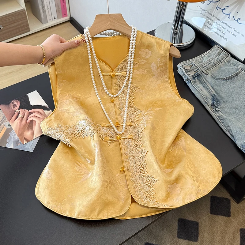 New Chinese Style Autumn New Heavy Embroidery Brocade Renovated Hanfu Vest Top Women's Fashion Traditional Costume Clothing