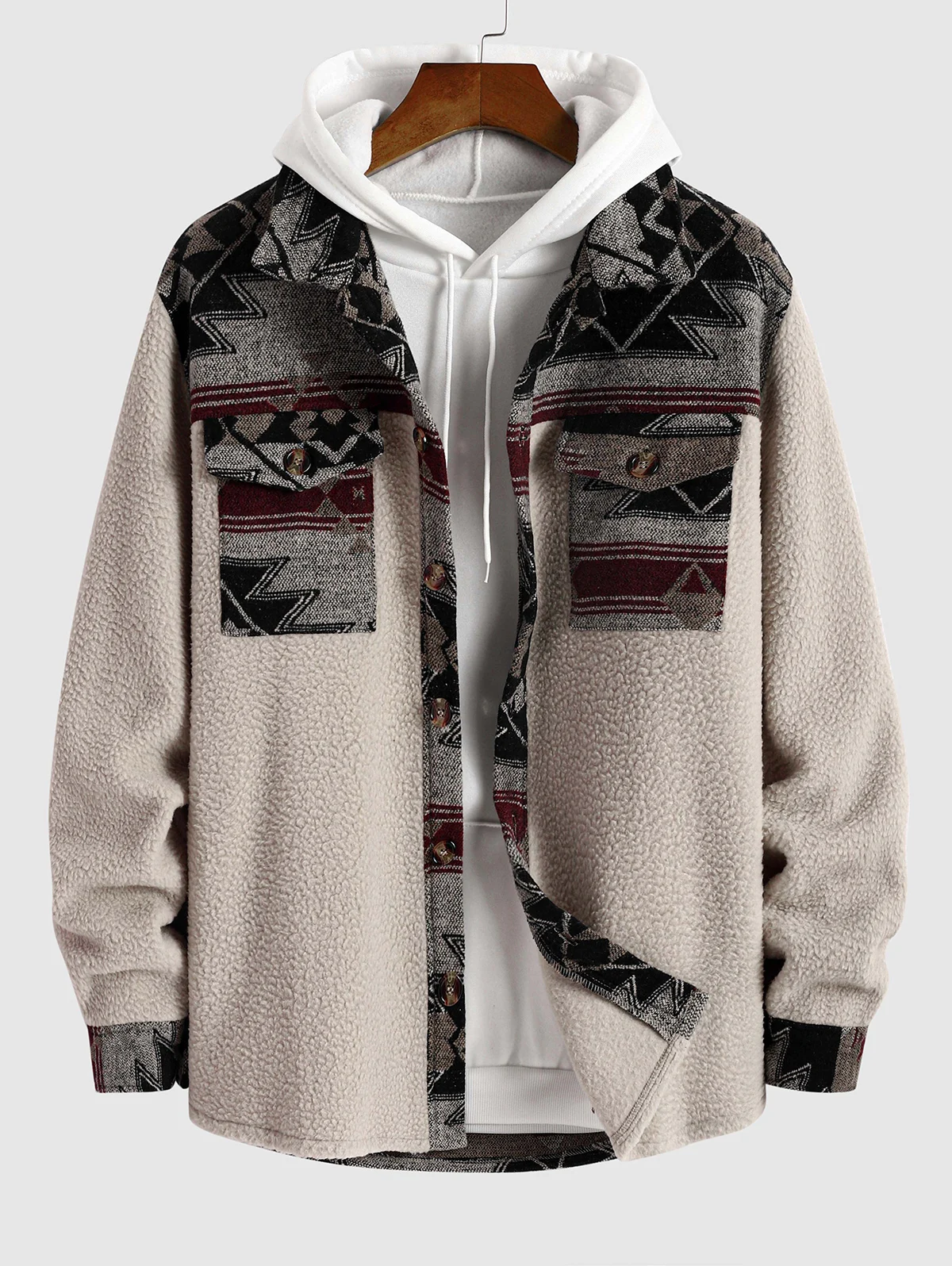 

ZAFUL Men's Ethnic Aztec Printed Turn-down Collar Flap Pocket Design Button Front Fluffy Faux Fur Jacket