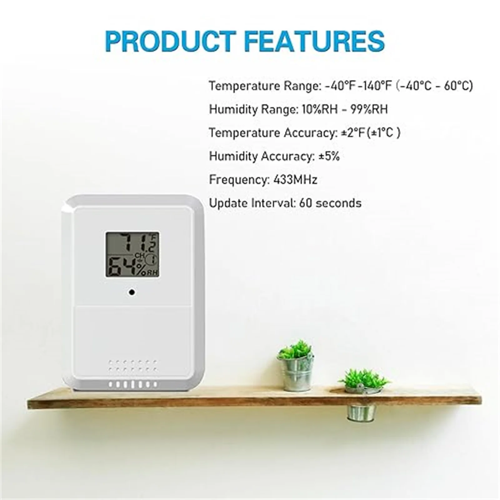 Wireless Temperature & Humidity Monitor 433MHz 30m/100m Range °C/°F Switch 60s Update Accurate for Home/Office/Fridge