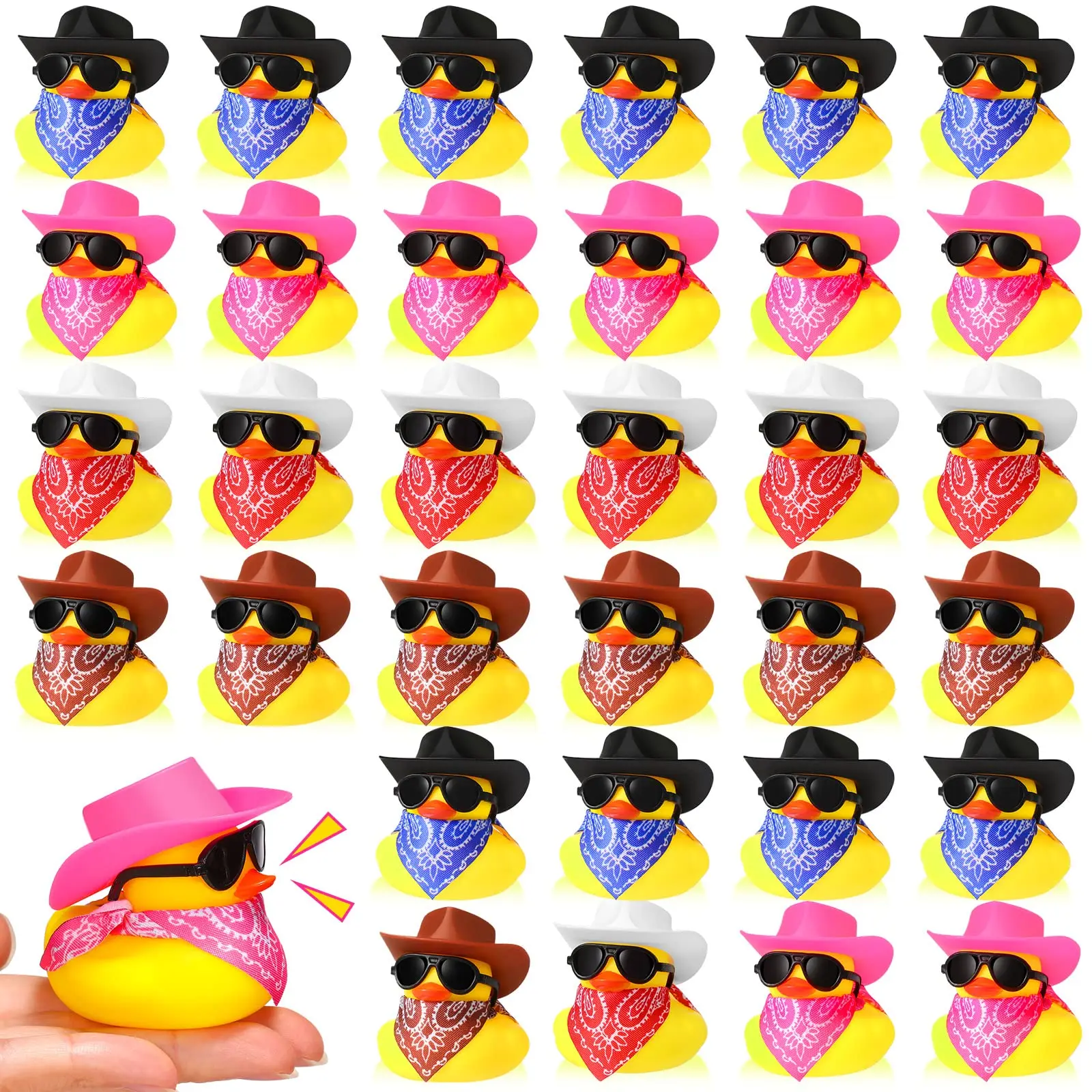 Mini canard en caoutchouc de cowboy avec chapeau de cow-boy, canard jaune, jouet de fête de bain, petit jouet de baignoire, bandanas paisley, lunettes de soleil, ensemble de 36