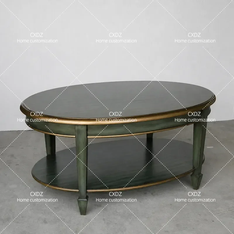 Mediterranean Oval Coffee Table Wooden Retro Double Layer Living Room Furniture for Small Apartment Painted Finish