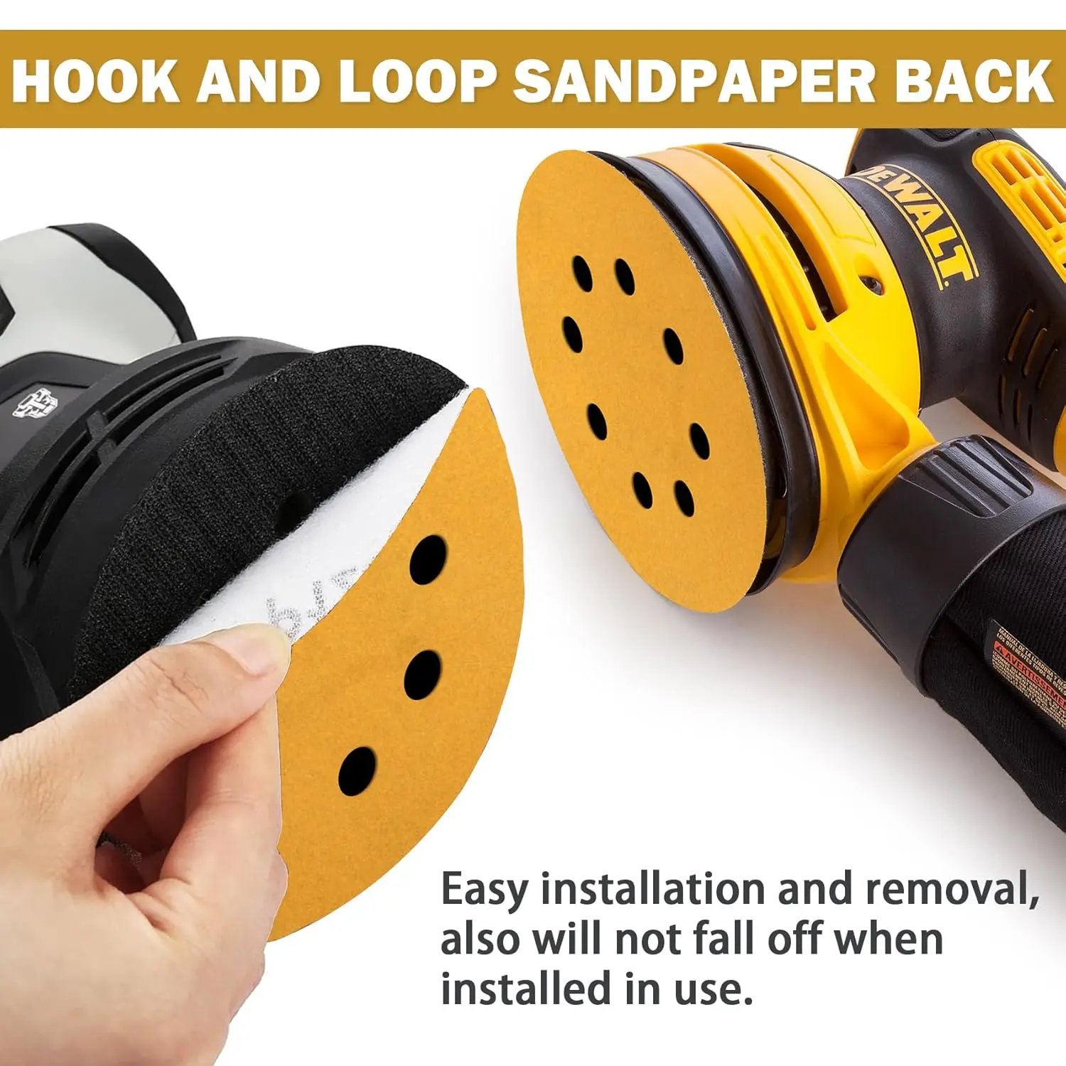 100pcs Yellow Sandpaper with 8 Hole Hook Loop Sandpaper 60/80/220 Grit Gold Sanding Discs for Random Orbital Sander Woodworking