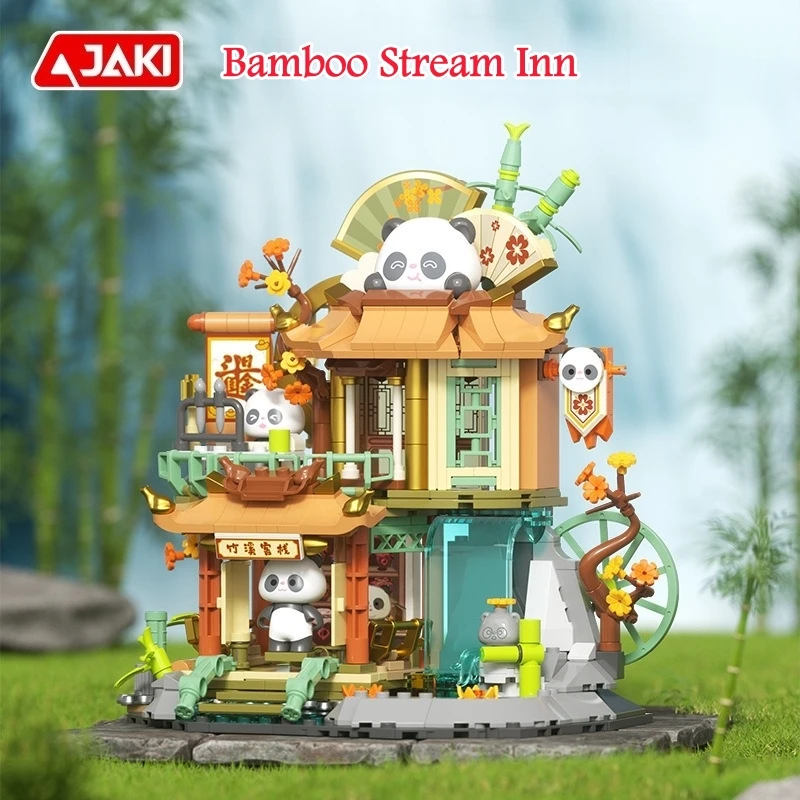 Bamboo Stream Inn Panda Teehaus Bausteine Kreative Straßenszene Architekturornamente Geschenke für Geburtstag Weihnachten Neujahr