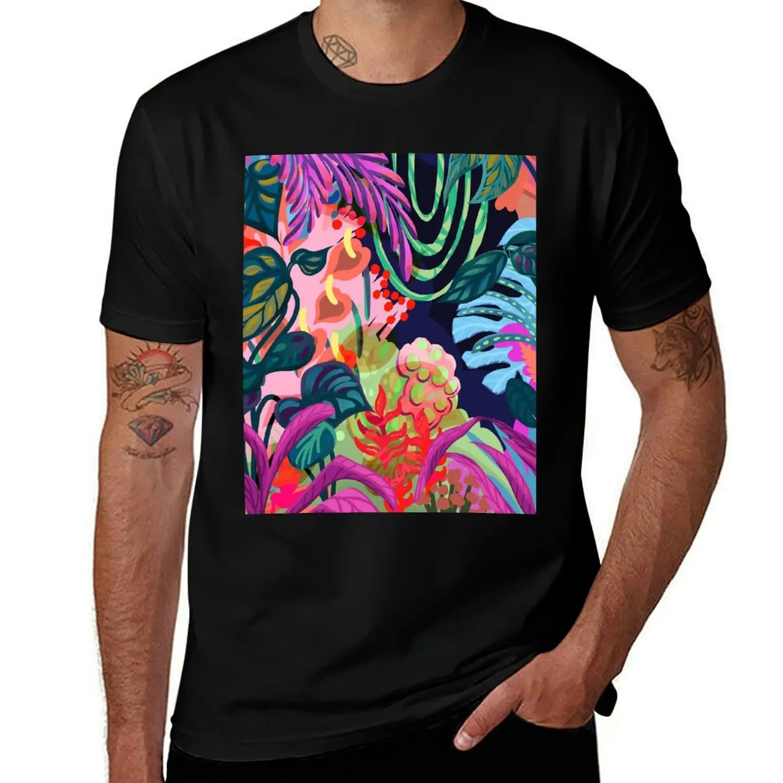 Abstract Hawaiian Colorful Tropical Plant Collage T-Shirt Quick Dry Outdoor Sports T-Shirt