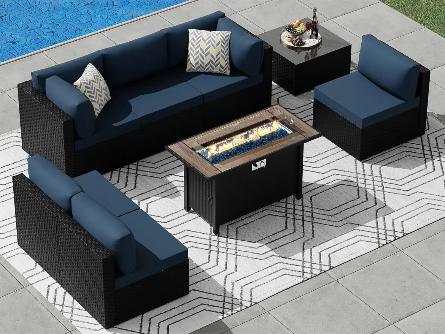 

Wicker Patio Furniture 8 Pieces Conversation Sets with 30" Fire Pit Table, Outdoor Rattan Patio Sofa Porch Furniture Set