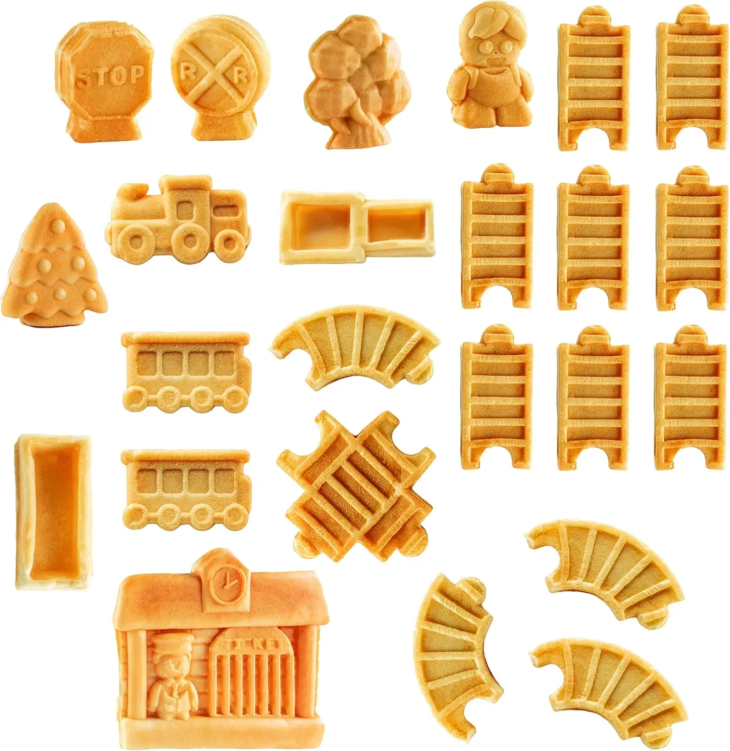 Juego de tren para hacer gofres, construir pistas en forma de gofres o panqueques, estación de señales de coches de carga, desayuno familiar divertido, antiadherente eléctrico