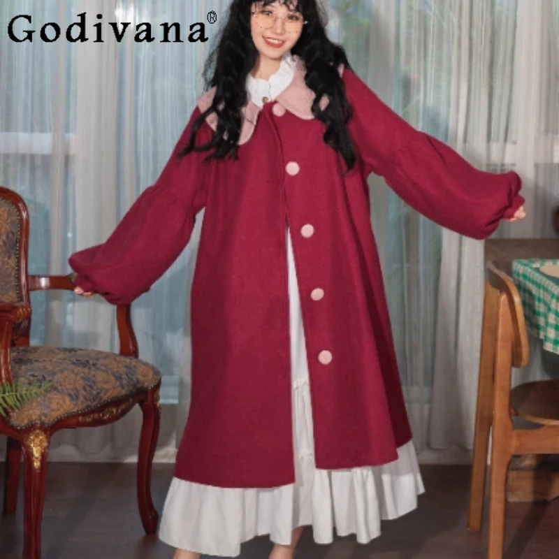 

Christmas Autumn Winter Retro Red Cute Woolen Loose Coat Women Fashion Versatile Age-reducing Peter Pan Collar Lolita Coats
