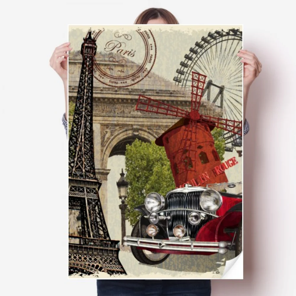 

Old Car France Eiffel Tower Sticker Decoration Poster Playbill Wallpaper Window Decal